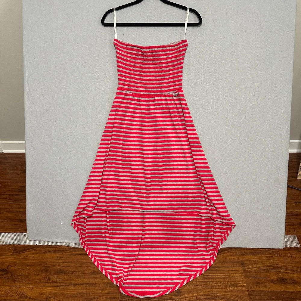 GUESS Est 1981 Red Grey Striped Strapless Smocked High Low Maxi Dress Small‎